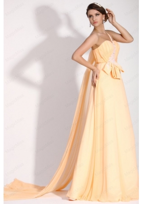 Light Yellow One Shoulder Appliques Chiffon Prom Dress