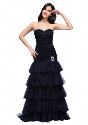 A-line Navy Blue Sweetheart Ruffled Layers Beading Appliques Prom Dress