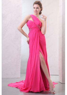 One Shoulder Hot Pink Chiffon Appliques Watteau Train Prom Dress