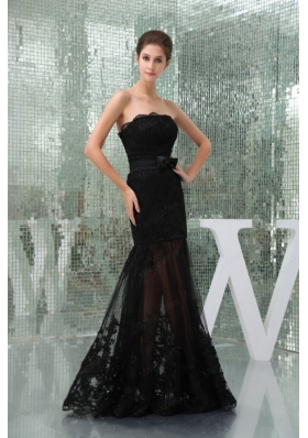 Column Black Strapless Appliques Tulle Formal Evening Prom Dress