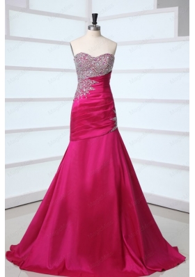 Side Zipper Beaded Sweetheart Mermaid Prom Dress in Hot Pink