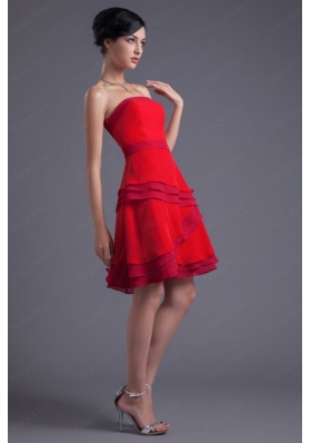 A-line Red Strapless Mini-length Chiffon Ruching Prom Dress