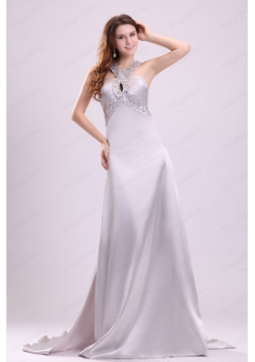A-line Gray Straps Beading and Ruching Brush Train Prom Dress