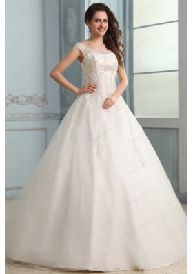 Scoop Ball Gown Appliques and Beading Floor Length Wedding Dress