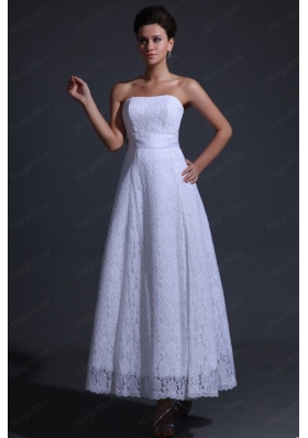 Strapless Empire Ankle Length Lace Wedding Dress with Bowknot