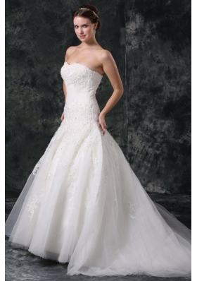 A Line Tulle Sweetheart Beading Appliques Lace Up Wedding Dress