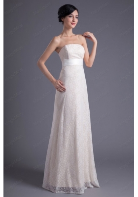 Column Strapless White Lace Belt Floor Length Wedding Dress