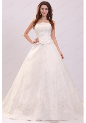 Luxurious Strapless A Line Embroidery Chapel Train Wedding Dress