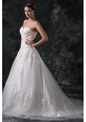 A-Line Sweetheart Court Train Appliques Lace Up Tulle Wedding Dress