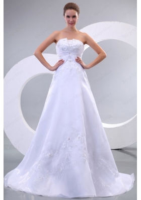 Strapless A Line Sweep Train Wedding Dress with Appliques and Beading