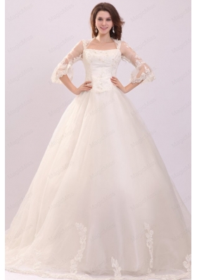 A Line Strapless Appliques Wedding Dress with 3/4 Length Sleeves