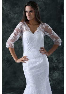 Column V Neck Brush Train Appliques Lace Wedding Dress with Half Sleeves