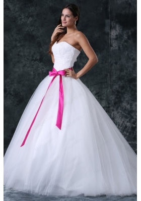 A Line Beading and Sash Zipper Up Tulle Wedding Dress with Strapless