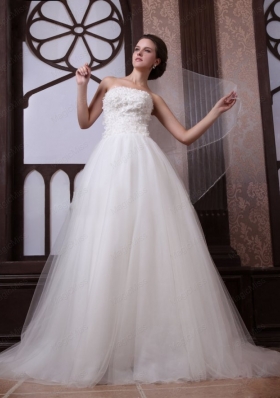 A Line Strapless Beading Tulle and Organza Zipper Up Wedding Dress