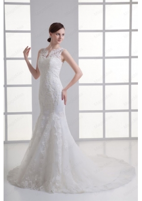 Mermaid V Neck Lace Appliques Court Train Wedding Dress with Zipper Up