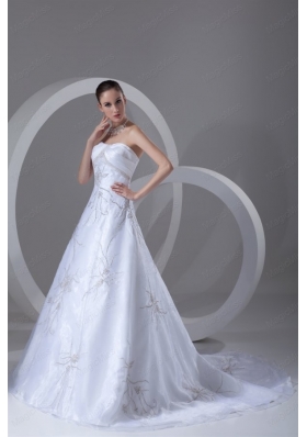 A Line Strapless Embroidery and Beading Court Train Wedding Dress