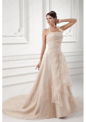 Champagne A Line Halter Top Wedding Dress with Embroidery and Layers