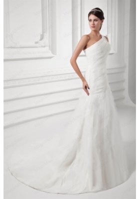 Elegant A Line One Shoulder Wedding Dress with Court Train