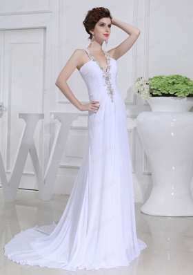 2015 Column V Neck Chiffon Beading Wedding Dress with Sweep Train