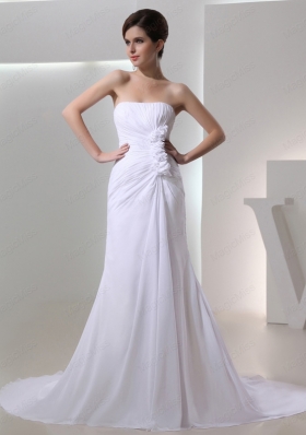 Elegant Column Strapless Court Train Chiffon Ruching White Wedding Dress