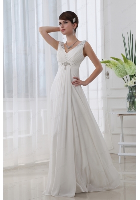Discount Empire V Neck Floor Length Chiffon White Wedding Dress with Beading
