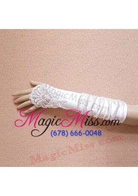 Satin Fingerless Elbow Length  Bridal Gloves With Beading And Ruching