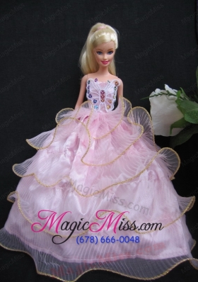 Luxurious Ruffled Layeres Baby Pink Handmade Summer Wear Dress Clothes Gown For Barbie Doll