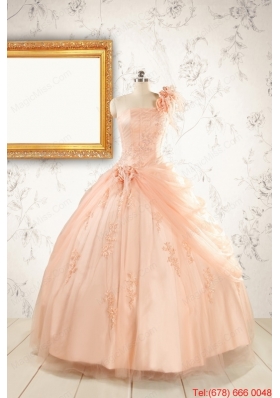 2015 Pretty One Shoulder Appliques Quinceanera Dress in Peach