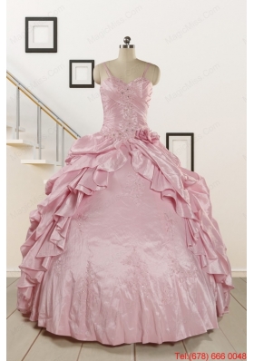 2015 Sweet Spaghetti Straps Beading Pink Quinceanera Dresses