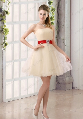 A Line Belt Strapless Prom Dresses with Mini Length