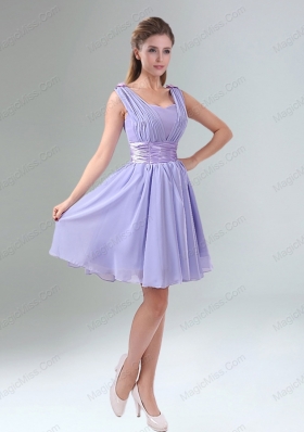 Perfect Straps Lavender Ruched Mini Length Prom Dresses with Waistband