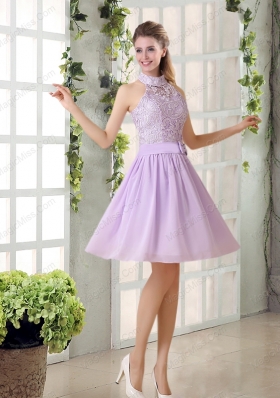 High Neck Lilac A Line Lace Prom Dresses Chiffon for 2015