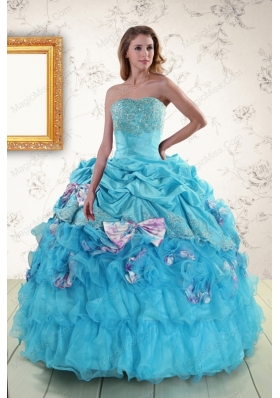 2015 New Style Aqua Blue Appliques Quinceanera Dresses with Appliques