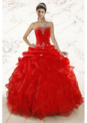 2015 Red Ball Gown Strapless Sweet 15 Dresses with Beading and Ruffles