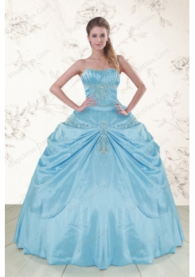 2015 Discount Aqua Blue Strapless Sweet 15 Dress with Appliques