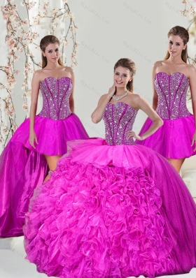 2015 Spring Detachable Hot Pink Sweet 15 Dresses with Beading and Ruffles