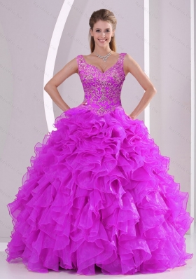 Fashionable Fuchsia Quince Dresses with Beading and Ruffles