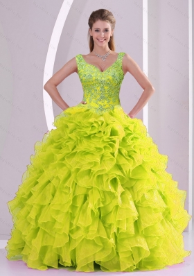 Trendy Beading and Ruffles Yellow Green Vestidos de Quinceanera for 2015