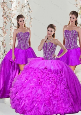 2015 Unique and Detachable Beading and Ruffles Fuchsia Wholesale Quinceanera Dresses