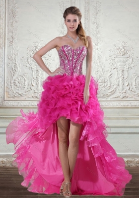 2015 Hot Pink High Low Sweetheart Prom Dresses with Beading and Ruffled Layers