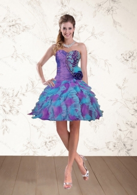 2015 Spring Sweetheart Beaded Multi Color Prom Dresses with Hand Made Flower