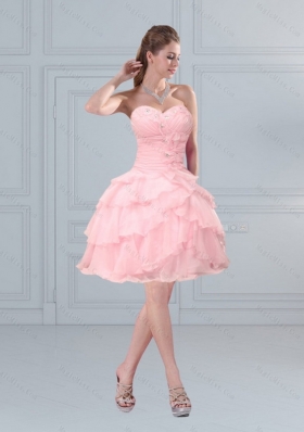 2015 Cute Baby Pink Sweetheart Beading Prom Gown with Ruffled Layers