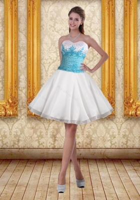 2015 White and Short Sweetheart Prom Dresses with Blue Embroidery
