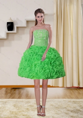 2015 Spring Green Strapless Prom Dresses with Beading and Ruffles