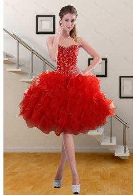 2015 Pretty Sweetheart Ruffled Red Prom Gown with Beading