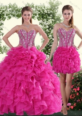 2015 Detachable Sweetheart Hot Pink Sweet 16 Dresses with Beading and Ruffles