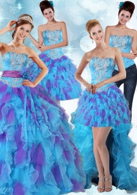 Multi Color Strapless Quinceanera Dress with Ruffles and Sashes