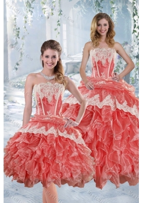 2015 New Style Strapless Appliques and Ruffles Sweet Fifteen Dresses in Watermelon Red