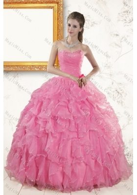 2015 Pretty Baby Pink Beading and Ruffles Sweet Fifteen Dresses