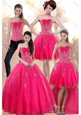 2015 Elegant Strapless Hot Pink Sweet Fifteen Dresses with Appliques